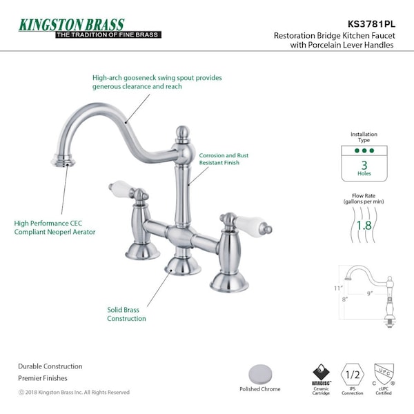 KS3781PL Restoration Bridge Kitchen Faucet, Polished Chrome